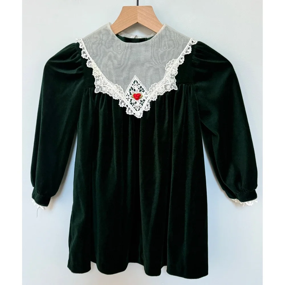 Bonnie Jean Vintage Velvet Dress Girls Size 6 Green Lace Collar Holiday Party
